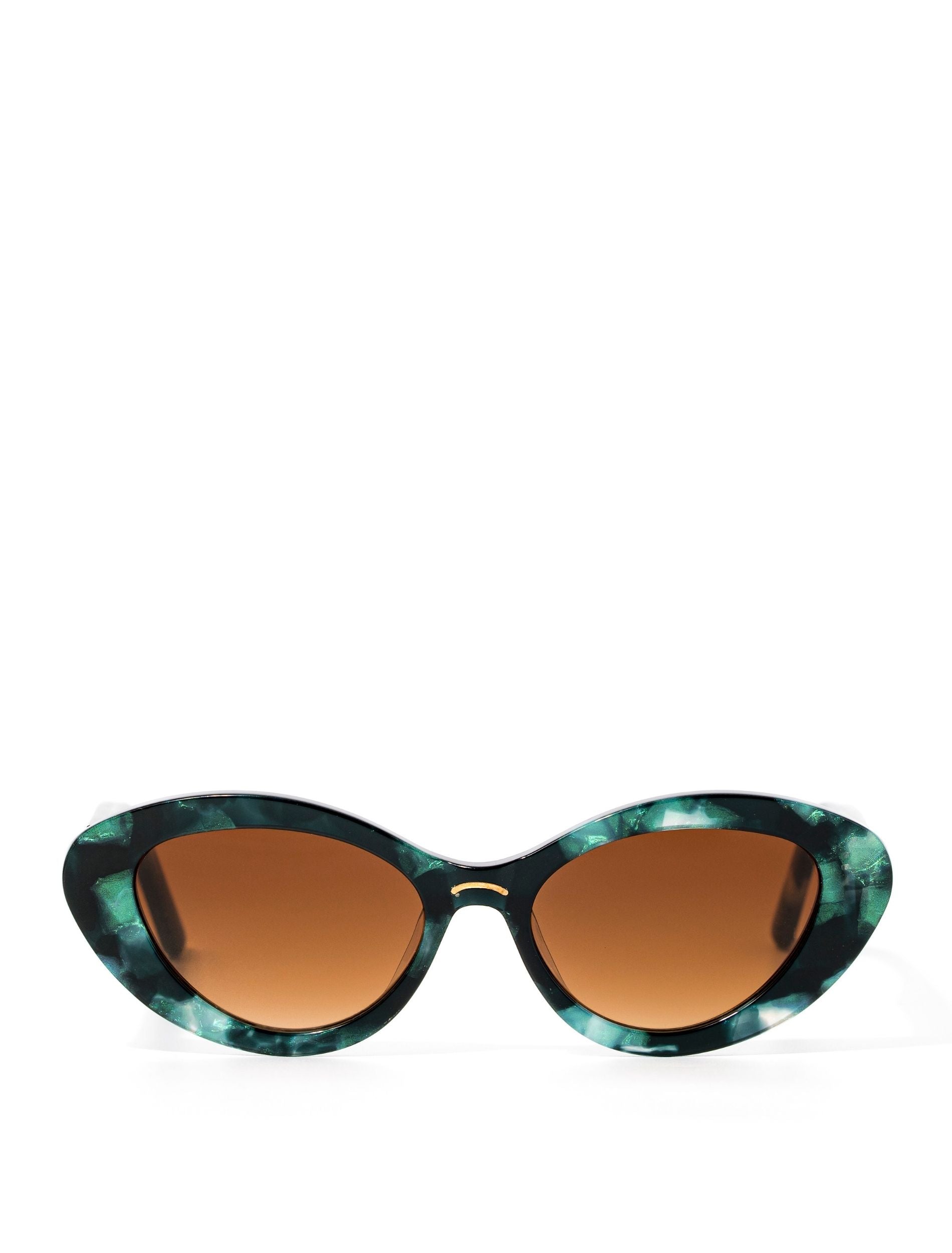 A pair of stylish sunglasses in a green tortoise shell style displaced against a white back drop. the lenses are a gradient brown