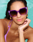 Octoplush ~ oversized rounded purple spotted sunglasses with crystals detail