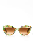 Colorful cat-eye sunglasses with gradient brown lenses on a white background.