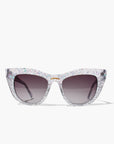 Chandalie ~ Sharp two-tone cat-eye sunglasses in iridescent glitter and silver sparkle acetate