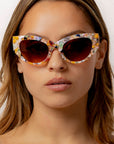 Confetti ~ Almond-shaped fitted sunglasses in multi-coloured patterned acetate