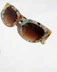 Confetti ~ Almond-shaped fitted sunglasses in multi-coloured patterned acetate