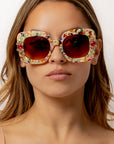 Floria ~ Medium sized square sunglasses in multi acetate with bright crystal flower details