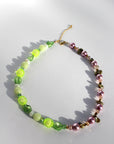 GLOWLUSH ~ Handmade necklace with faceted flouro yellow beads, sea green pearls with pale pink pearl coloured beads