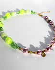GLOWLUSH ~ Handmade necklace with faceted flouro yellow beads, sea green pearls with pale pink pearl coloured beads