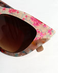 Kaleida ~ Pink two-tone cat-eye sunglasses with star glitter and multi-coloured patterned acetate