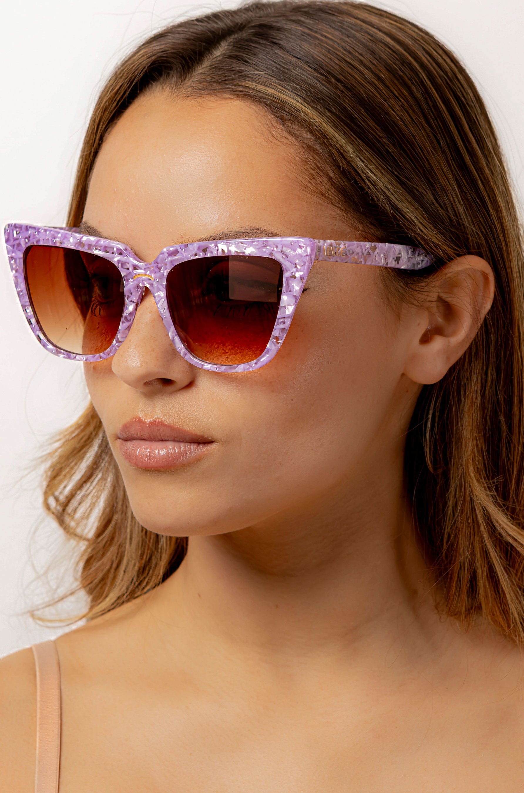 Lavara ~ Sharp cat-eye sunglasses in lilac marble with micro crystal detailing