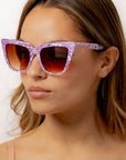 Lavara ~ Sharp cat-eye sunglasses in lilac marble with micro crystal detailing