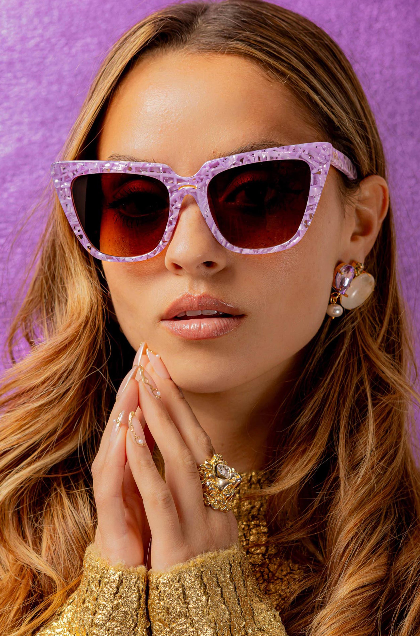Lavara ~ Sharp cat-eye sunglasses in lilac marble with micro crystal detailing