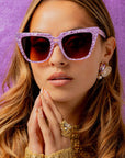 Lavara ~ Sharp cat-eye sunglasses in lilac marble with micro crystal detailing