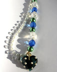 LOVELING ~ Blue crystal heart handmade necklace with statement chandelier crystals, green pearl beads and oversized faceted blue beads
