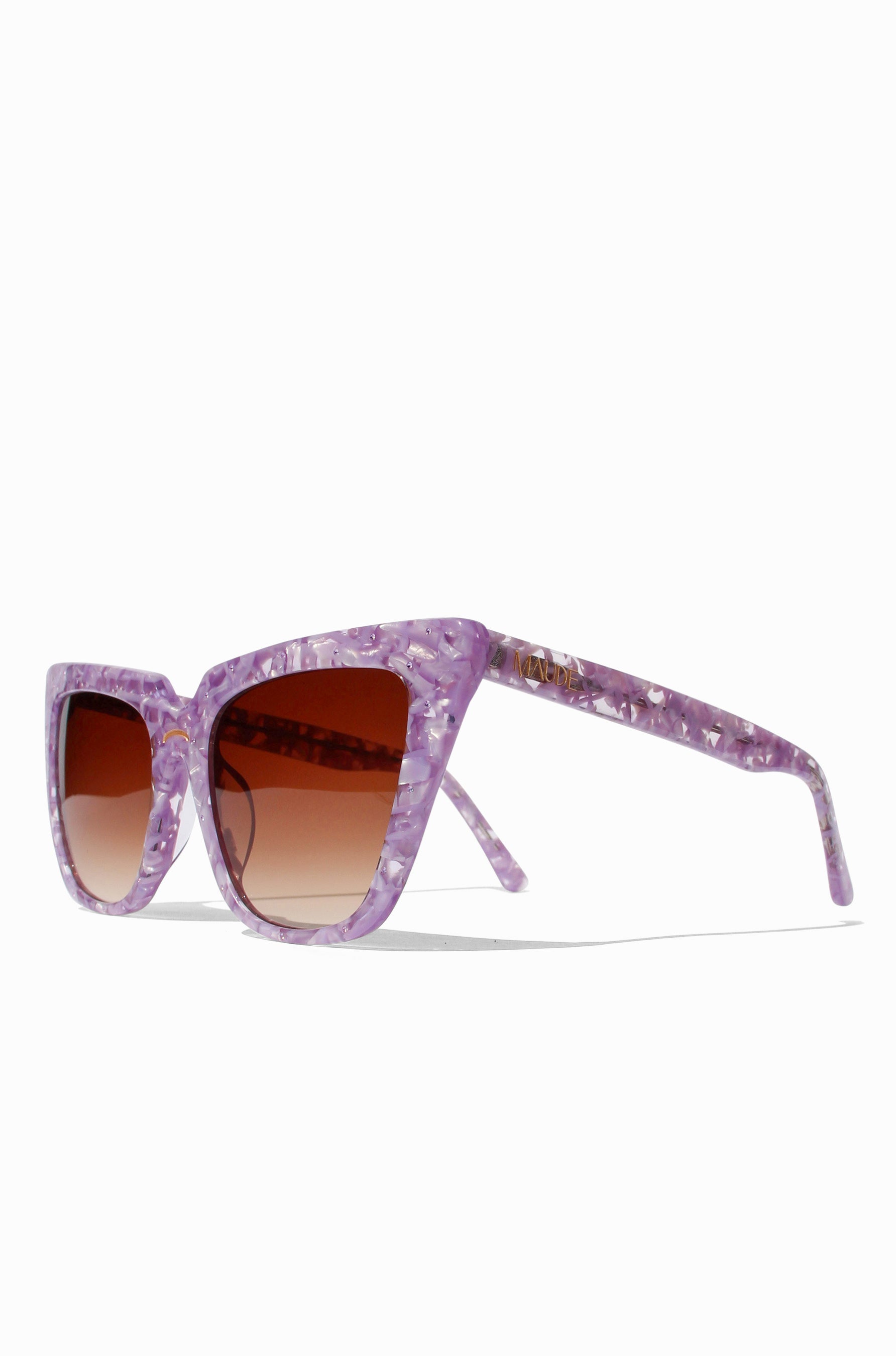 Lavara ~ Sharp cat-eye sunglasses in lilac marble with micro crystal detailing