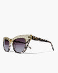 Queenie ~ Two-toned cat-eye sunglasses in gold glitter and translucent black polkadot acetate