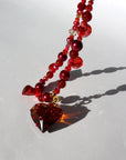 HEARTFLAME ~ Red crystal heart handmade necklace with red chandelier crystals, and rondelle crystals in shades of red