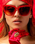 Rubie ~ Sharp cat-eye sunglasses in red marble with micro crystal detailing