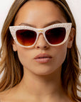 Shell ~ Two-tone cat-eye sunglasses in white bubble print and mother of pearl acetate