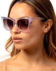 Stardust ~ Sharp cat-eye sunglasses in pearl tortoise shell with micro opal crystal detailing
