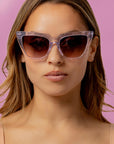 Stardust ~ Sharp cat-eye sunglasses in pearl tortoise shell with micro opal crystal detailing