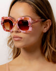 Sunrose ~ Medium sized square sunglasses in petal acetate with golden highlights and crystal flower details