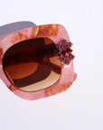 Sunrose ~ Medium sized square sunglasses in petal acetate with golden highlights and crystal flower details