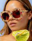 Floria ~ Medium sized square sunglasses in multi acetate with bright crystal flower details
