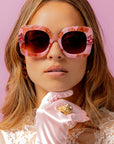 Sunrose ~ Medium sized square sunglasses in petal acetate with golden highlights and crystal flower details