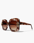 Aftersun ~ Medium sized square sunglasses in brown acetate with golden shimmer and bold crystal flower details
