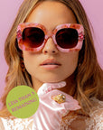 Sunrose ~ Medium sized square sunglasses in rose acetate with flecks of gold and crystal flower embellishments