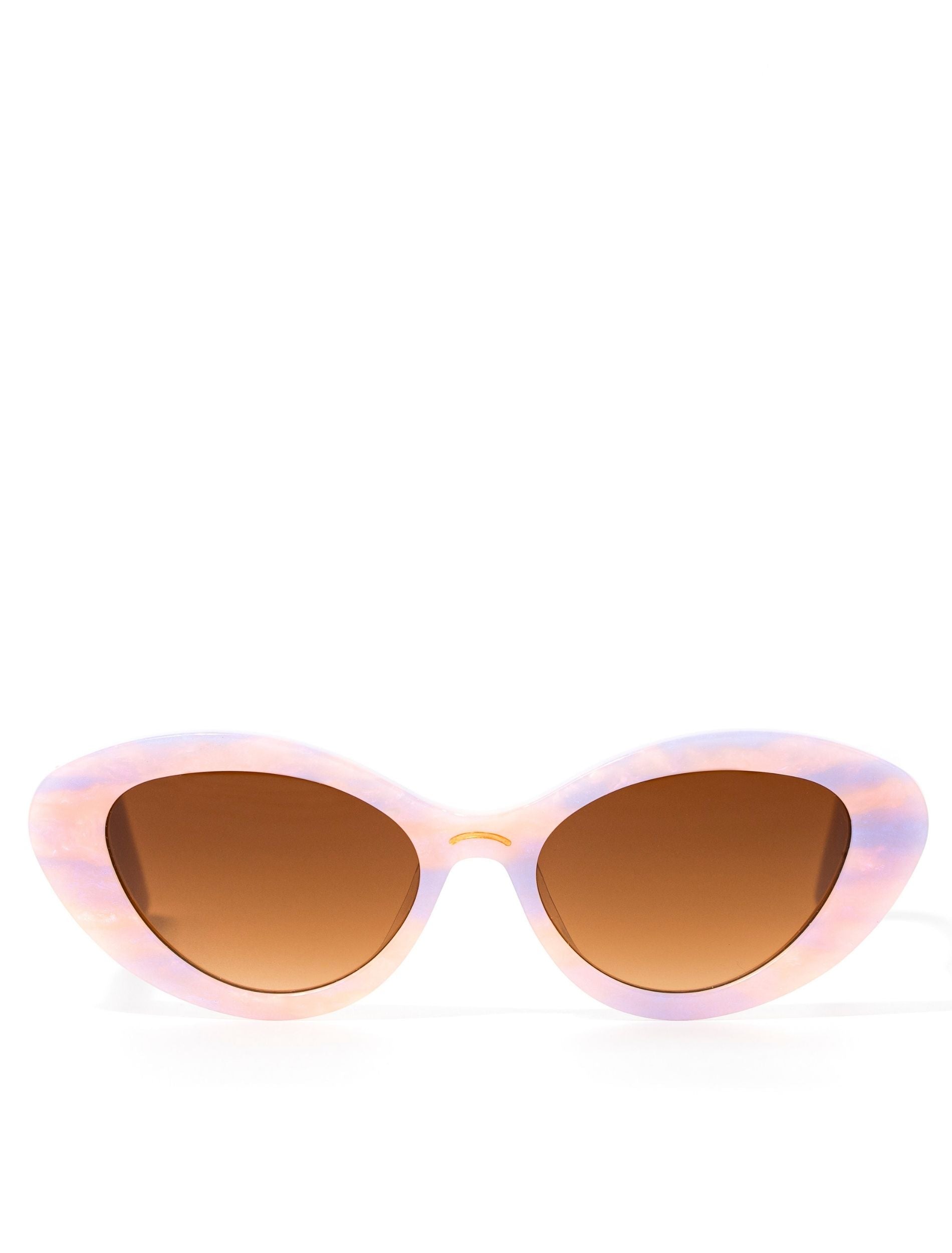 Front view of stylish pair of pastel pink and lilac sunglasses with a brown gradient lense set against a white background