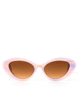 Front view of stylish pair of pastel pink and lilac sunglasses with a brown gradient lense set against a white background