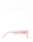 Side view of stylish pair of pastel pink and lilac sunglasses set against a white background. there is a gold 'M' on the arm of the frame.