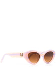 Side view of stylish pair of pastel pink and lilac sunglasses with a brown gradient lense set against a white background. there is a gold 'M' on the arm of the frame.