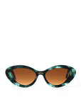 A pair of stylish sunglasses in a green tortoise shell style displaced against a white back drop. the lenses are a gradient brown 