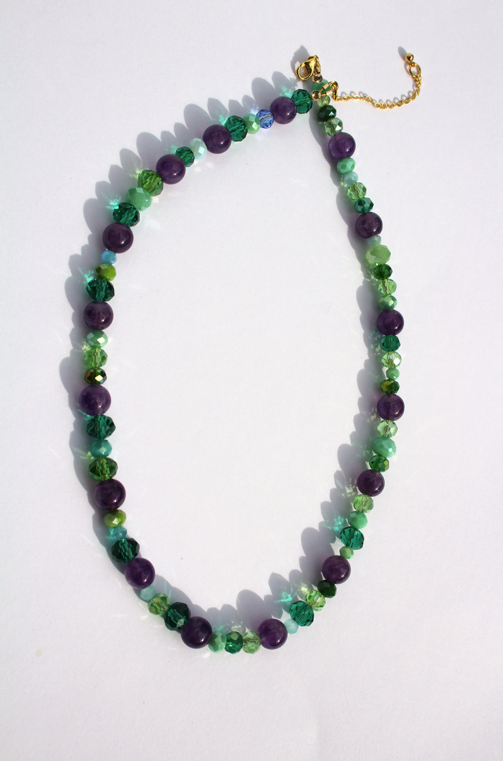 AMYLETTE ~ Handmade necklace with amethyst stones with emerald, turquoise and green rondelle crystal beads