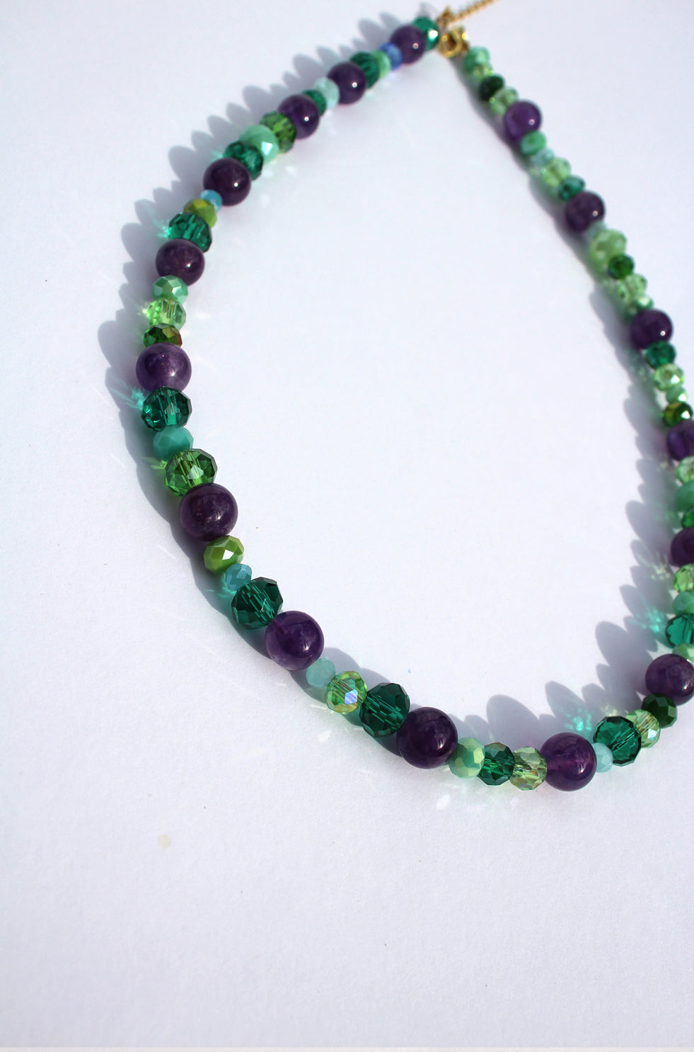AMYLETTE ~ Handmade necklace with amethyst stones with emerald, turquoise and green rondelle crystal beads