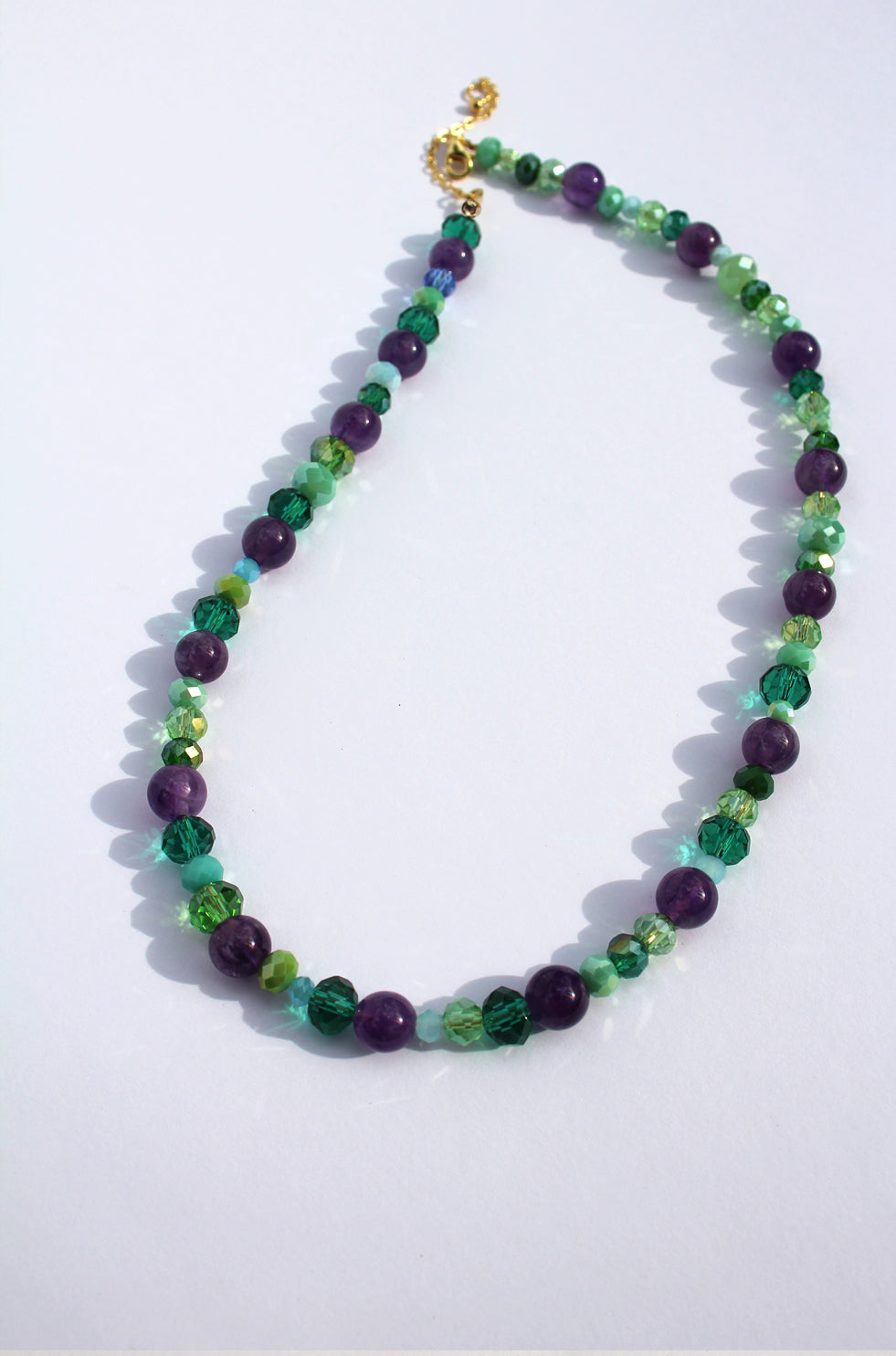 AMYLETTE ~ Handmade necklace with amethyst stones with emerald, turquoise and green rondelle crystal beads