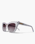 Chandalie ~ Sharp two-tone cat-eye sunglasses in iridescent glitter and silver sparkle acetate