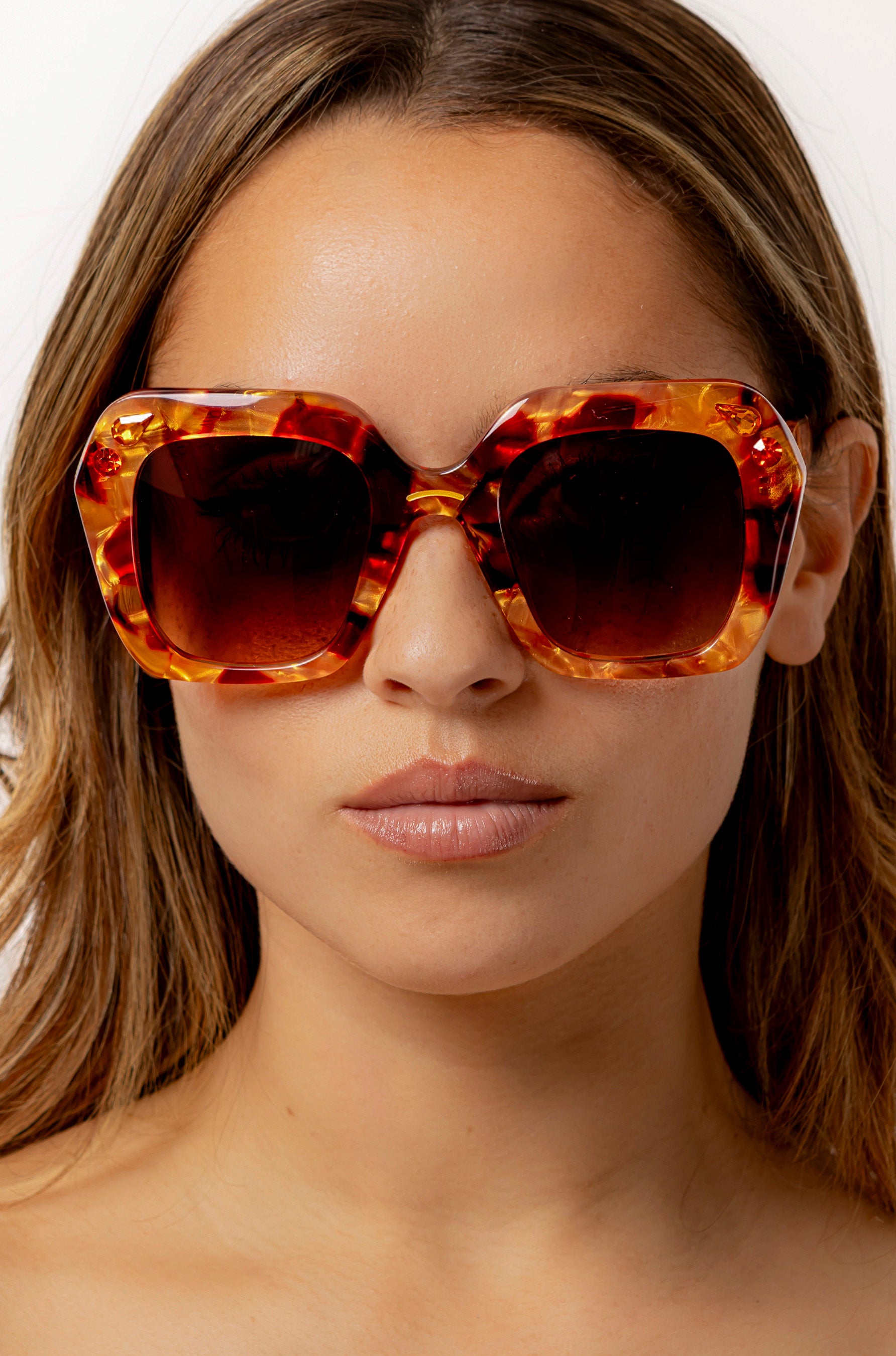 Fire Opal ~ Oversized oval sunglasses in red apricot tort acetate with matching crystal detailing