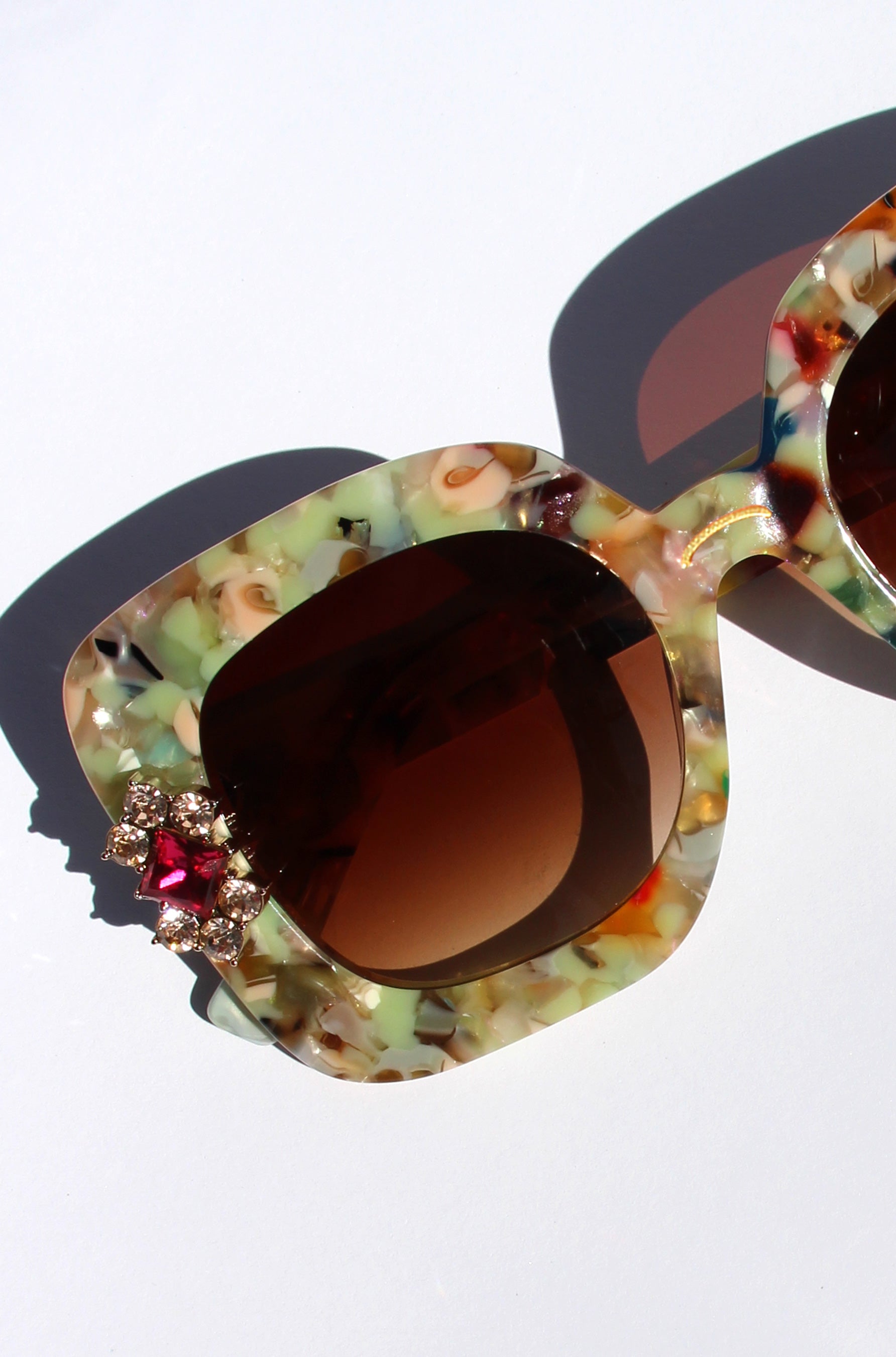 Floria ~ Medium sized square sunglasses in multi acetate with bright crystal flower details