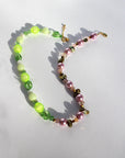 GLOWLUSH ~ Handmade necklace with faceted flouro yellow beads, sea green pearls with pale pink pearl coloured beads