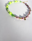 GLOWLUSH ~ Handmade necklace with faceted flouro yellow beads, sea green pearls with pale pink pearl coloured beads