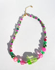 GUAVA GLOW ~ Handmade statement necklace featuring a green glitter centrepiece with emerald green and fuchsia beads
