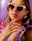 Kaleida ~ Pink two-tone cat-eye sunglasses with star glitter and multi-coloured patterned acetate