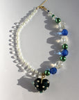 LOVELING ~ Blue crystal heart handmade necklace with statement chandelier crystals, green pearl beads and oversized faceted blue beads