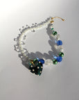 LOVELING ~ Blue crystal heart handmade necklace with statement chandelier crystals, green pearl beads and oversized faceted blue beads