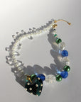 LOVELING ~ Blue crystal heart handmade necklace with statement chandelier crystals, green pearl beads and oversized faceted blue beads