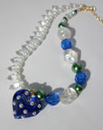 LOVELING ~ Blue crystal heart handmade necklace with statement chandelier crystals, green pearl beads and oversized faceted blue beads