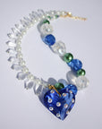 LOVELING ~ Blue crystal heart handmade necklace with statement chandelier crystals, green pearl beads and oversized faceted blue beads