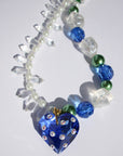 LOVELING ~ Blue crystal heart handmade necklace with statement chandelier crystals, green pearl beads and oversized faceted blue beads