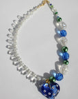 LOVELING ~ Blue crystal heart handmade necklace with statement chandelier crystals, green pearl beads and oversized faceted blue beads